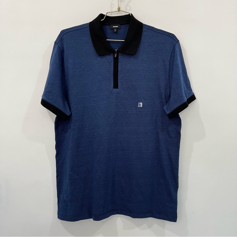 Express Zip Polo Navy and Black Shirt Textured Short Sleeve